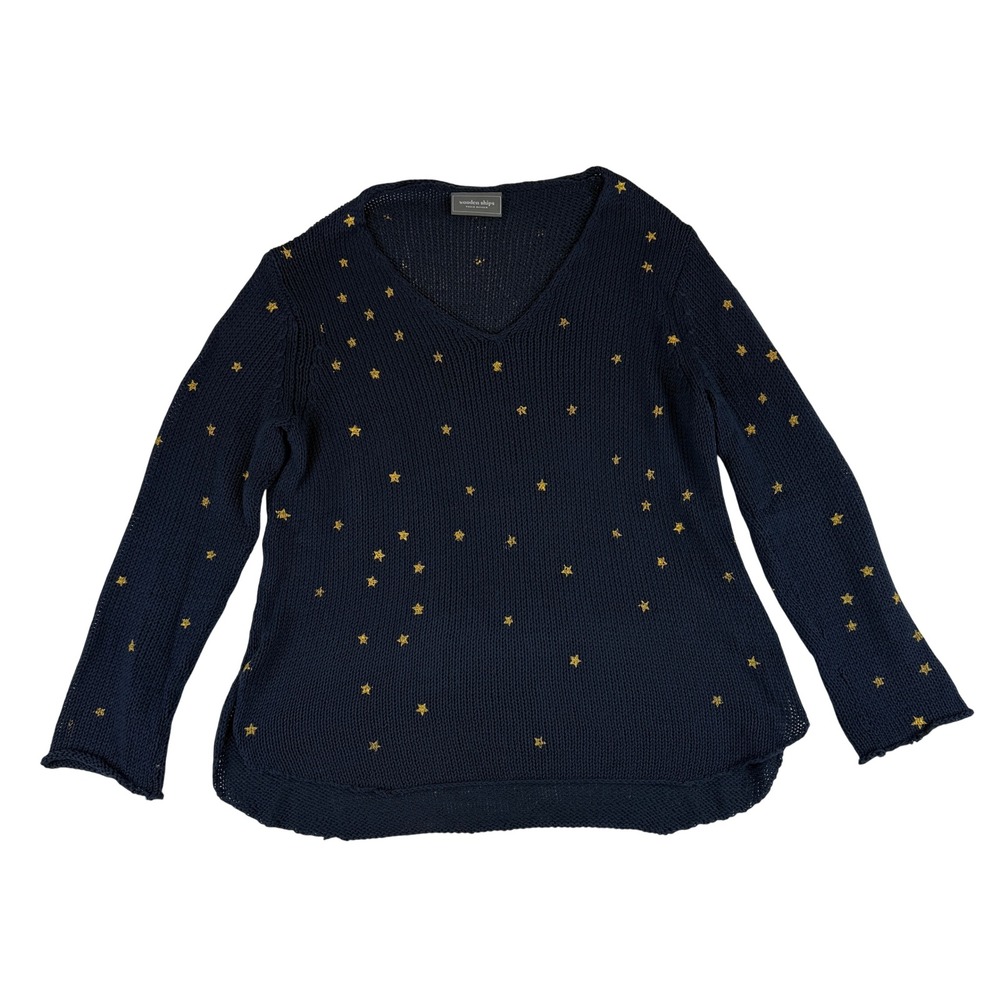 Wooden Ships V-Neck Sweater‎ Womens M/L Navy Blue Gold Star Embroidered Knit